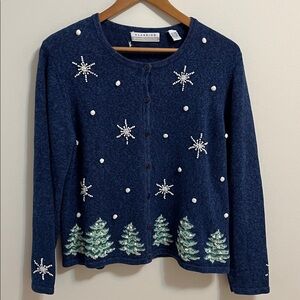 Button Sweater Vintage Marisa Christina Classic Blue Snowflake Trees Large